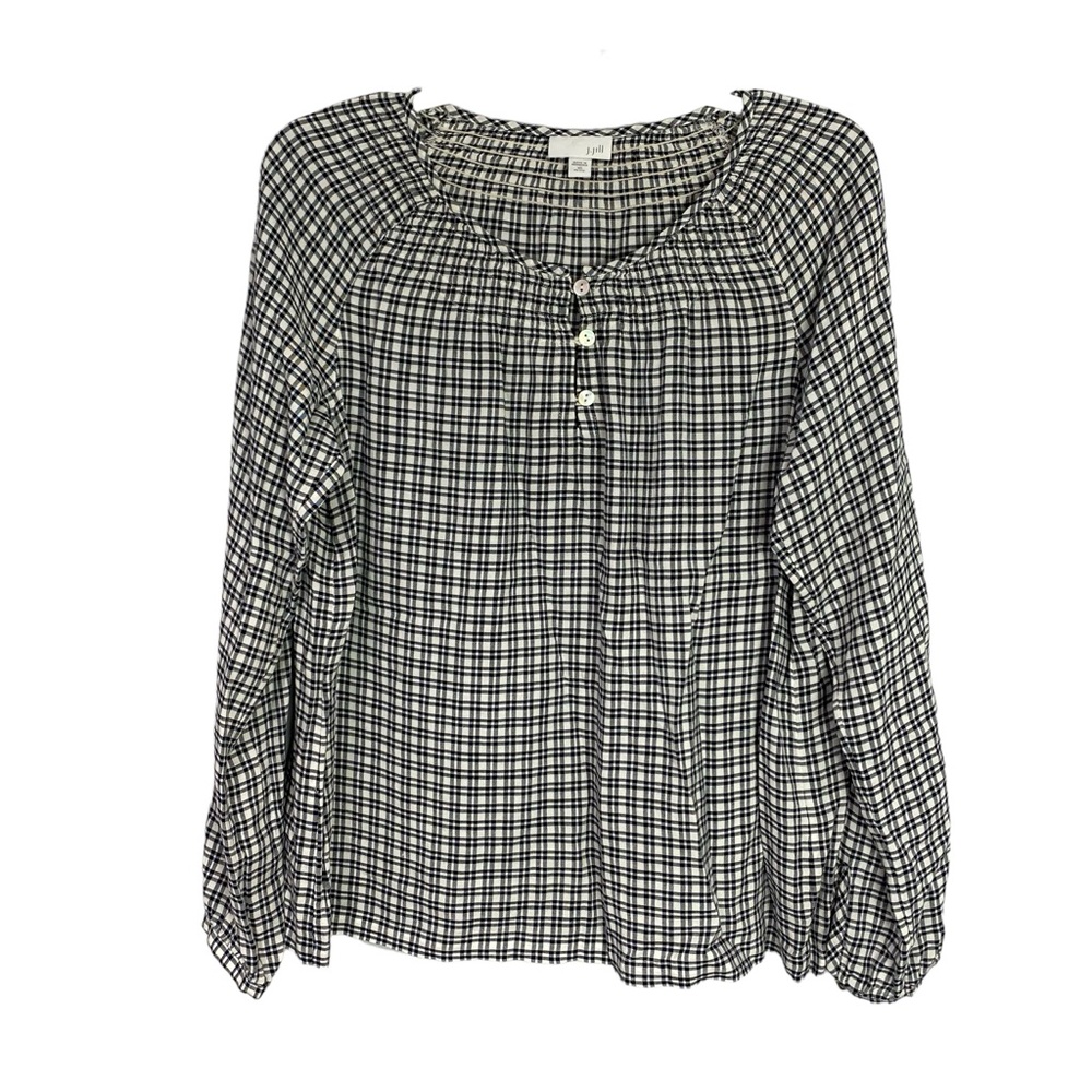 J. Jill plaid smocked long sleeve raglan blouse top white black PETITE XS